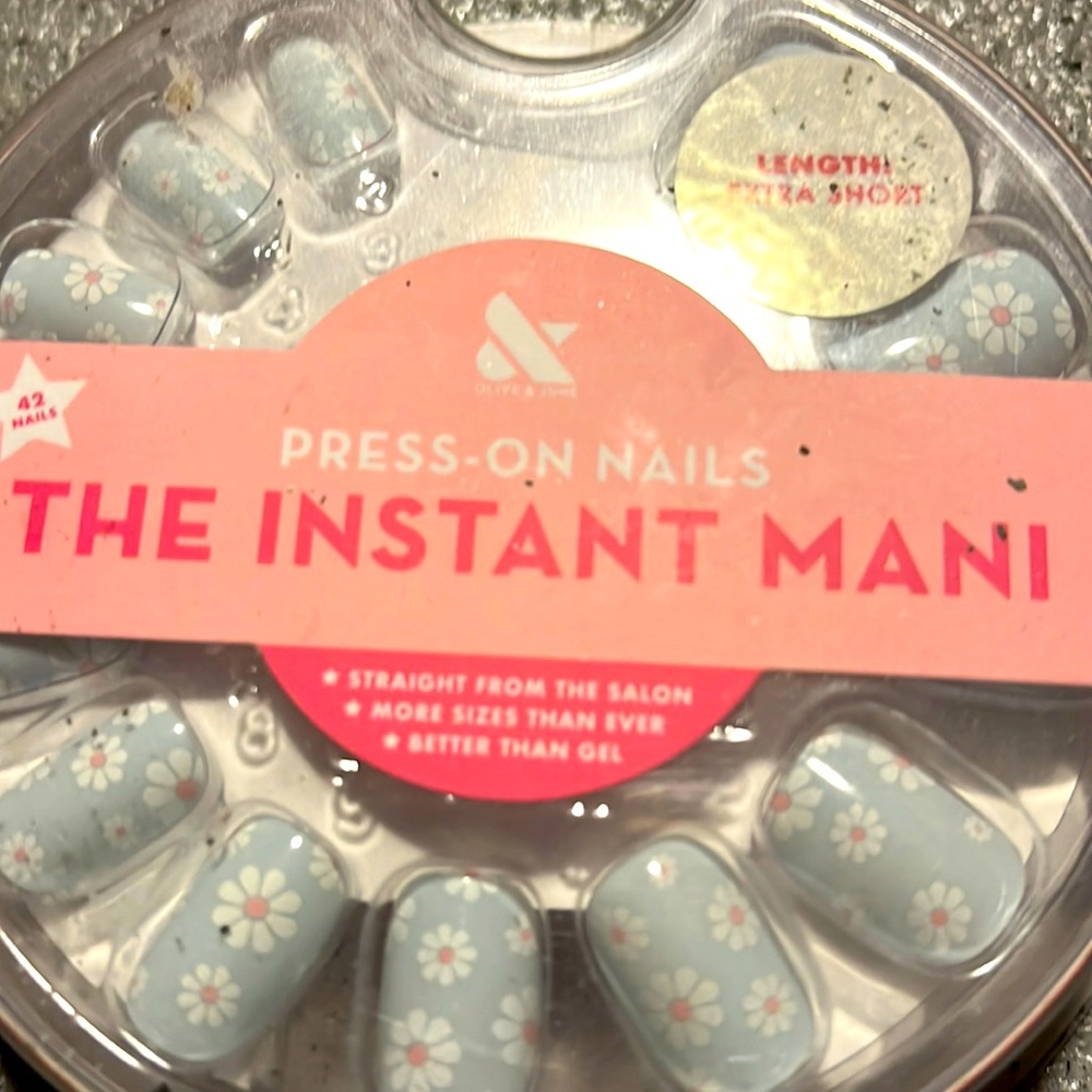 New in box extra short length baby blue white daisies presson nails instant Mani